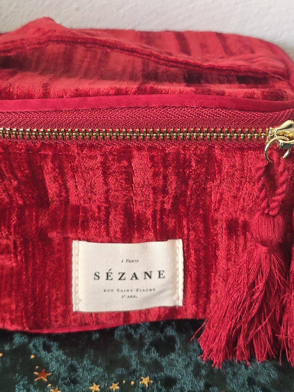 Sezane Red Velvet Zip Pouch with Tassel